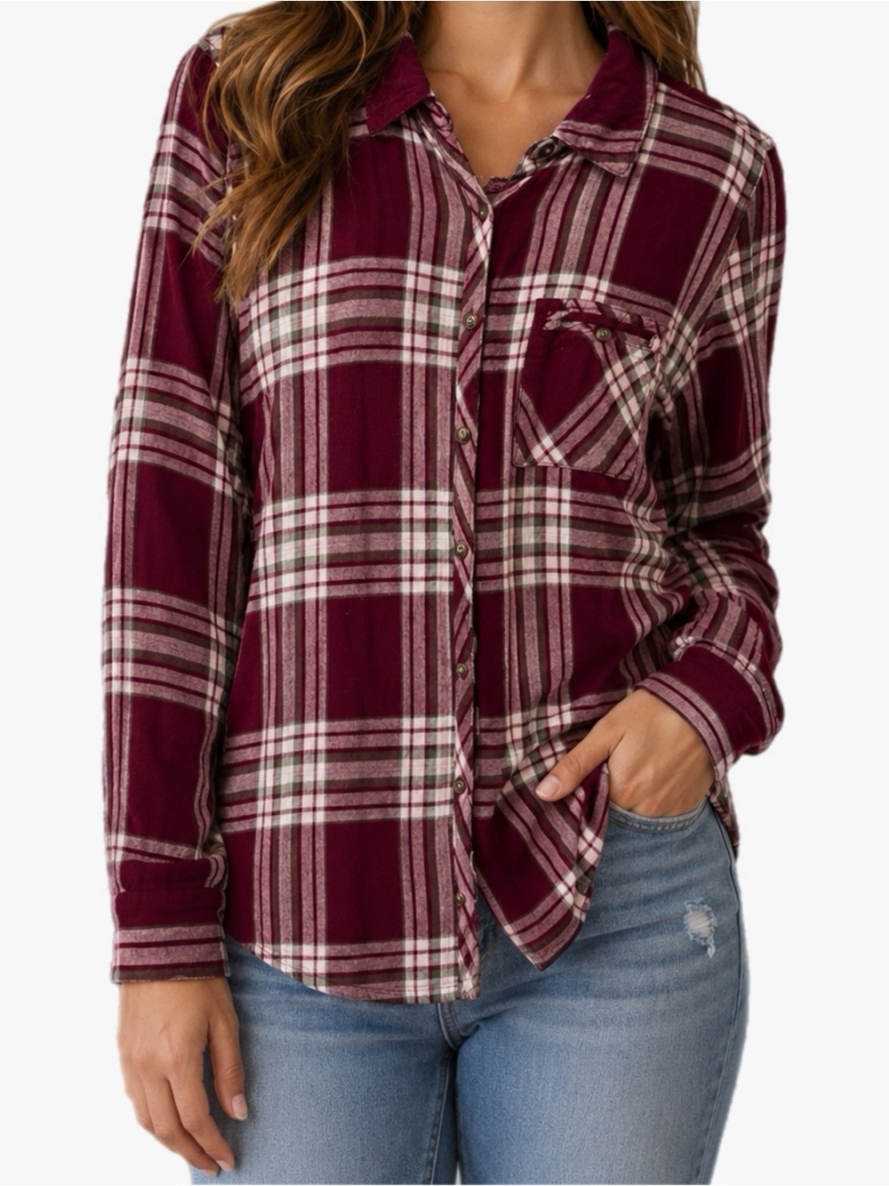 Maurice’s Burgundy Plaid Flannel Button Down Shirt Women’s Size Medium